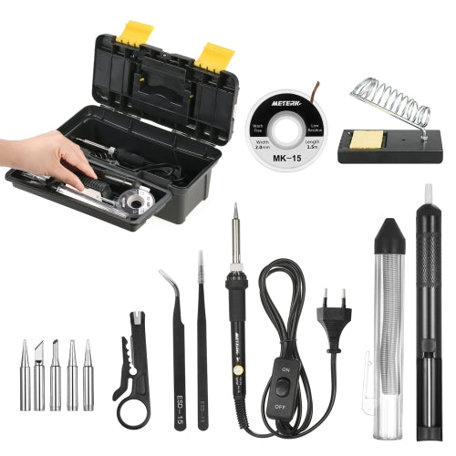 Meterk 14 in 1 Soldering Iron Kit 60W Adjustable Temperature Welding Soldering Iron with ON/OFF Switch 5pcs Soldering Tips Solder Sucker Desoldering Wick Solder Wire Anti-static Tweezers Iron Stand with Cleaning Sponge Tool Box