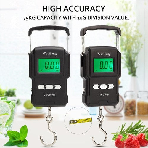 75Kg/10g Electronic Backlight Weighing Scale Portable Digital Fishing Postal Hanging Hook Scale with Measuring Tape