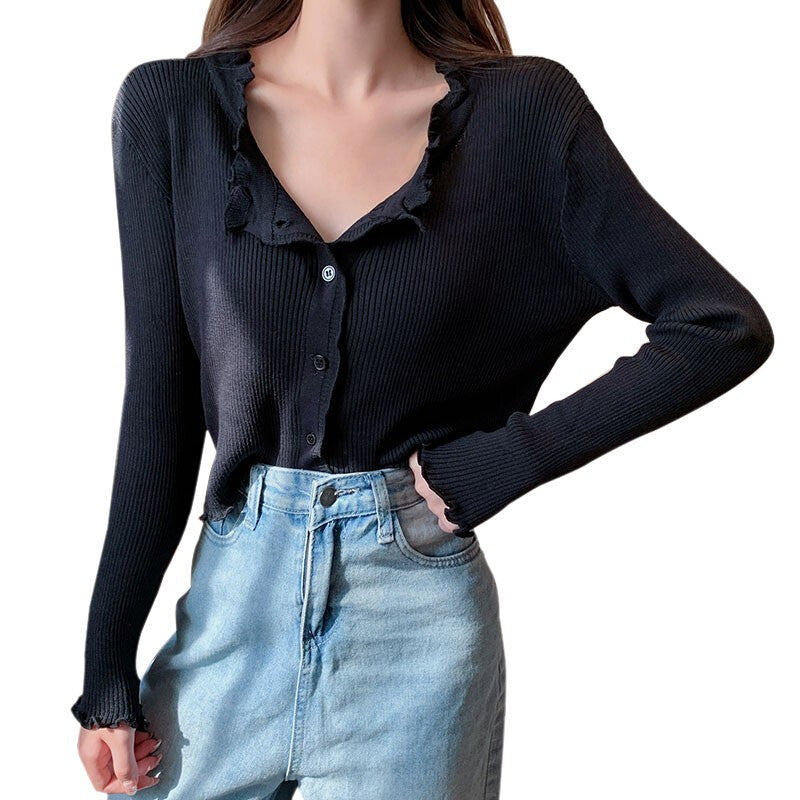 Fashion Women Knitted Casual Cardigan - Black