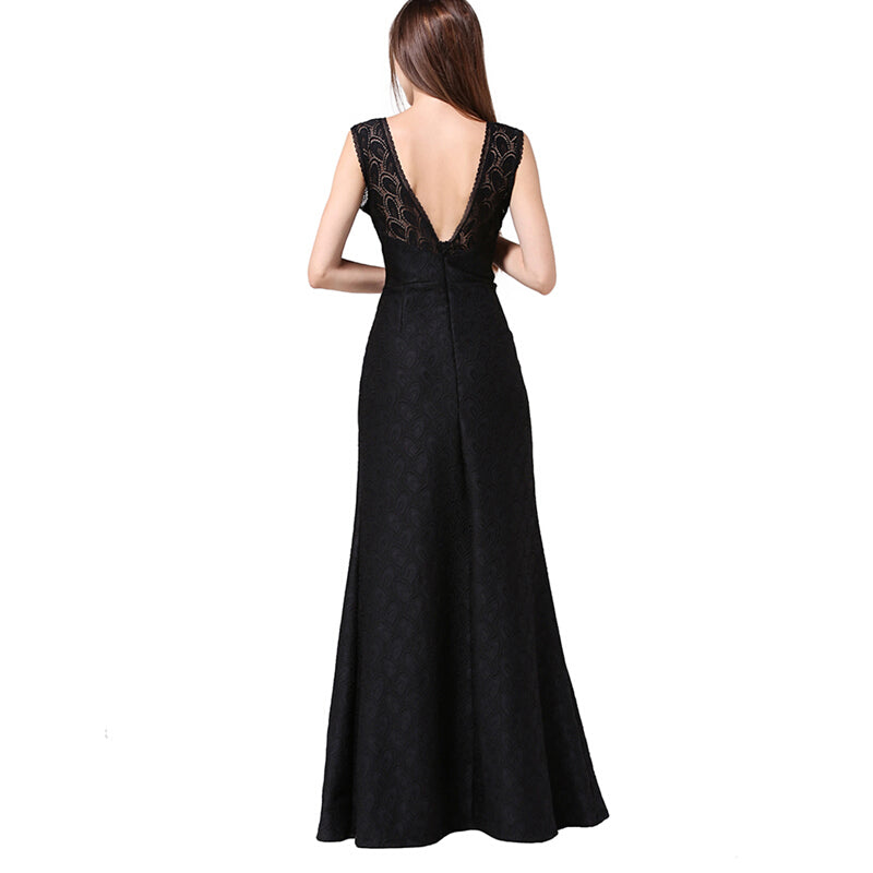 Fashion Women Lace Sleeveless Maxi Dress - Black