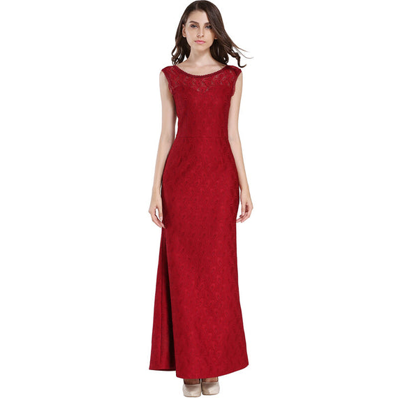 Fashion Women Lace Sleeveless Maxi Dress - Red