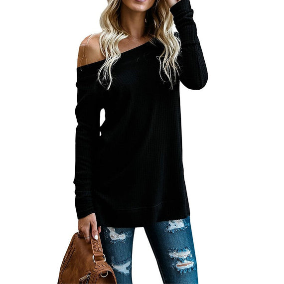 Fashionable Half Open Shoulder Loose Top - Black