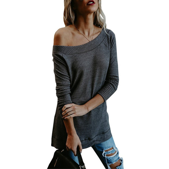 Fashionable Half Open Shoulder Loose Top - Grey