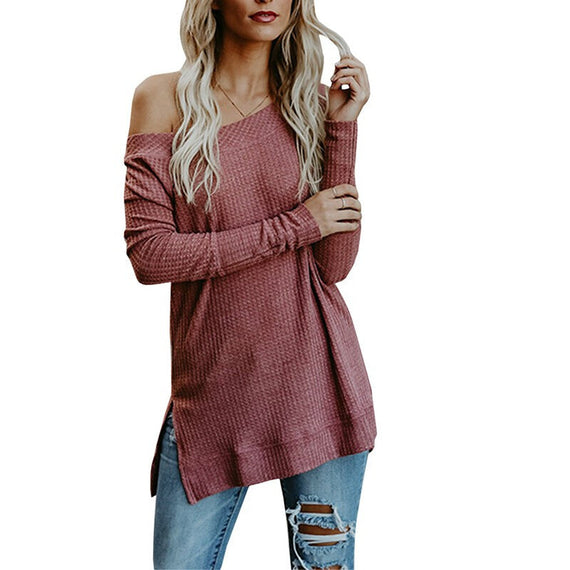 Fashionable Half Open Shoulder Loose Top - Red