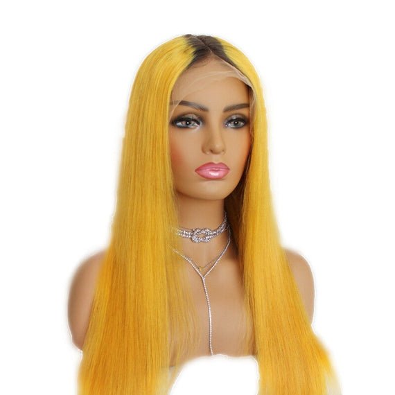 Fashionable Lace Front Human Hair Wig - Yellow