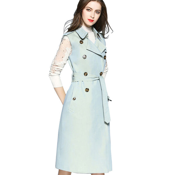 Fashionable Long Sleeveless Trench Coat - Sky Blue