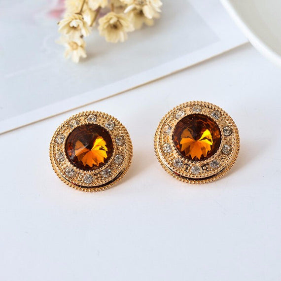 Fashionable Round Glass Earrings - Gold Brown