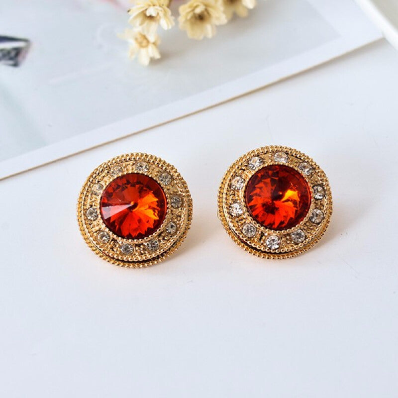 Fashionable Round Glass Earrings - Gold Red