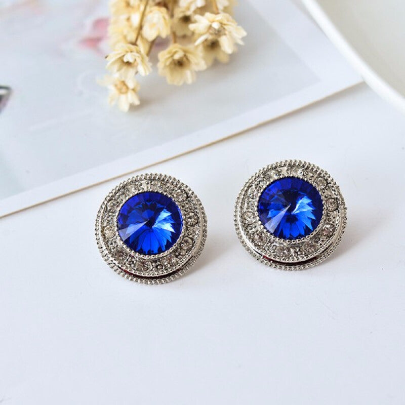 Fashionable Round Glass Earrings - Silver Sapphire Blue