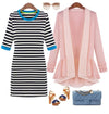 New Style Women Stripe Mini Dress Half Sleeve Round Contrast Neck One-piece Pencil Dress Blue