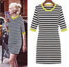 New Style Women Stripe Mini Dress Half Sleeve Round Contrast Neck One-piece Pencil Dress Blue