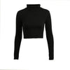 Stylish Casual Women T-shirt Polo Neck Long Sleeve Crop Top Blouse Tee T Shirt Grey