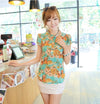 Fashion Casual Women Chiffon Blouse Stand Collar Short Sleeve Floral Print Tops Green & Yellow