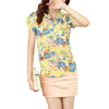 Fashion Casual Women Chiffon Blouse Stand Collar Short Sleeve Floral Print Tops Green & Yellow