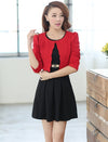 New Fashion Women Two pieces Vest Dress and Short Coat Pleated A-Line Mini Dress Twin Sets Black Dress and Red Coat