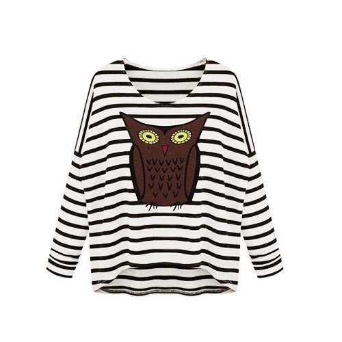 New Fashion Women T-Shirt Owl Pattern Stripe Crew Neck Batwing Long Sleeve Casual Top Blouse