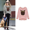 New Fashion Women T-Shirt Owl Pattern Stripe Crew Neck Batwing Long Sleeve Casual Top Blouse