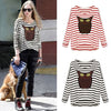 New Fashion Women T-Shirt Owl Pattern Stripe Crew Neck Batwing Long Sleeve Casual Top Blouse