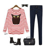 New Fashion Women T-Shirt Owl Pattern Stripe Crew Neck Batwing Long Sleeve Casual Top Blouse