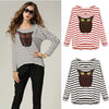 New Fashion Women T-Shirt Owl Pattern Stripe Crew Neck Batwing Long Sleeve Casual Top Blouse