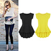 Fashion Women T-Shirt Floral Pattern Solid Color Irregular Hem Crew Neck Blouse Top Yellow/White/Black