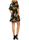 New Spring Women Floral Mini Dress V Neck Flare Sleeve Elastic Waist Casual A-Lined Dress Black