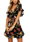 New Spring Women Floral Mini Dress V Neck Flare Sleeve Elastic Waist Casual A-Lined Dress Black