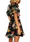 New Spring Women Floral Mini Dress V Neck Flare Sleeve Elastic Waist Casual A-Lined Dress Black