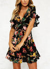 New Spring Women Floral Mini Dress V Neck Flare Sleeve Elastic Waist Casual A-Lined Dress Black