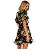 New Spring Women Floral Mini Dress V Neck Flare Sleeve Elastic Waist Casual A-Lined Dress Black