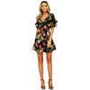 New Spring Women Floral Mini Dress V Neck Flare Sleeve Elastic Waist Casual A-Lined Dress Black