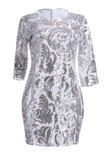 Fashion Women Sequin Mini Dress Half Sleeve O Neck Evening Party Club Elegant Bodycon Dress Silver