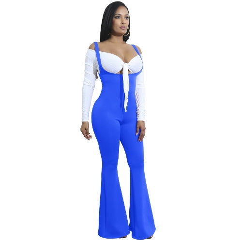 Women Jumpsuit Solid Suspender Strap Sleeveless Open Back Wide Flared Legs Bell Bottom Sexy Overalls