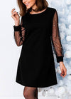 Women Autumn Dress Pearl Beading Mesh Tunic Boat Neck Long Sleeve A Line Elegant Dress Black/Red