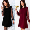 Women Autumn Dress Pearl Beading Mesh Tunic Boat Neck Long Sleeve A Line Elegant Dress Black/Red