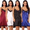 Women Satin Slip Dress Chemise Nightgown Lace V Neck Side Slit Asymmetrical Hem Lingerie Sleepwear Pajamas