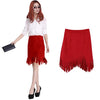 New Women Skirt Faux Suede Tassel Irregular Hem Zipper Midi Pencil Skirts OL Vintage Slim Clubwear Red