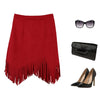 New Women Skirt Faux Suede Tassel Irregular Hem Zipper Midi Pencil Skirts OL Vintage Slim Clubwear Red