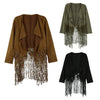 Women Jacket Faux Suede Leather Crochet Lace Patchwork Tassel Casual Coat Brown/Black/Army Green