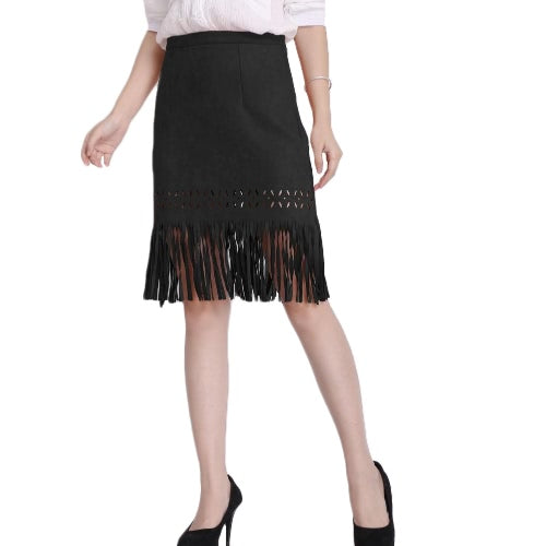 Vintage Faux Suede Hollow Out Slim Zipper Flapper Skirt for Women