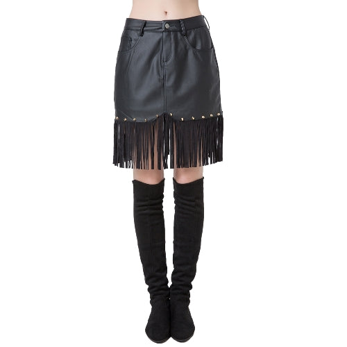 Chic Women PU Button Front Pocket Rivets Tassels High Waist Short Skirt