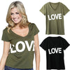 New Fashion Women T-Shirt Letter Print V-Neck Short Sleeve Solid Color Top Black/Green