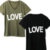 New Fashion Women T-Shirt Letter Print V-Neck Short Sleeve Solid Color Top Black/Green