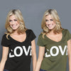 New Fashion Women T-Shirt Letter Print V-Neck Short Sleeve Solid Color Top Black/Green