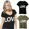 New Fashion Women T-Shirt Letter Print V-Neck Short Sleeve Solid Color Top Black/Green