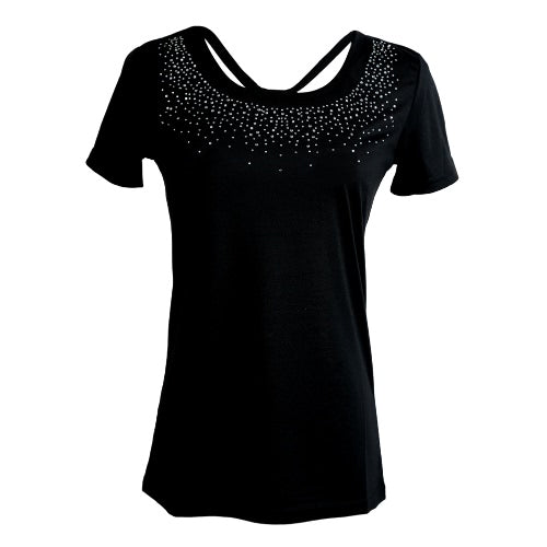 New Women T-Shirt Rhinestone O-Neck Short Sleeve Design Beading Casual Top Tee Black