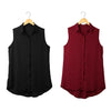 New Fashion Women Blouse Chiffon Sleeveless Asymmetrical Hem Turn-Down Collar Shirt Tops Burgundy/Black