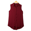 New Fashion Women Blouse Chiffon Sleeveless Asymmetrical Hem Turn-Down Collar Shirt Tops Burgundy/Black