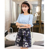 New Fashion Women Two-Piece Set Ruffles Flare Sleeve Chiffon Top’s Mesh Flower Print Strap Splicing Sweet Two-piece Suit Dress Pink/Blue