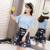 New Fashion Women Two-Piece Set Ruffles Flare Sleeve Chiffon Top’s Mesh Flower Print Strap Splicing Sweet Two-piece Suit Dress Pink/Blue